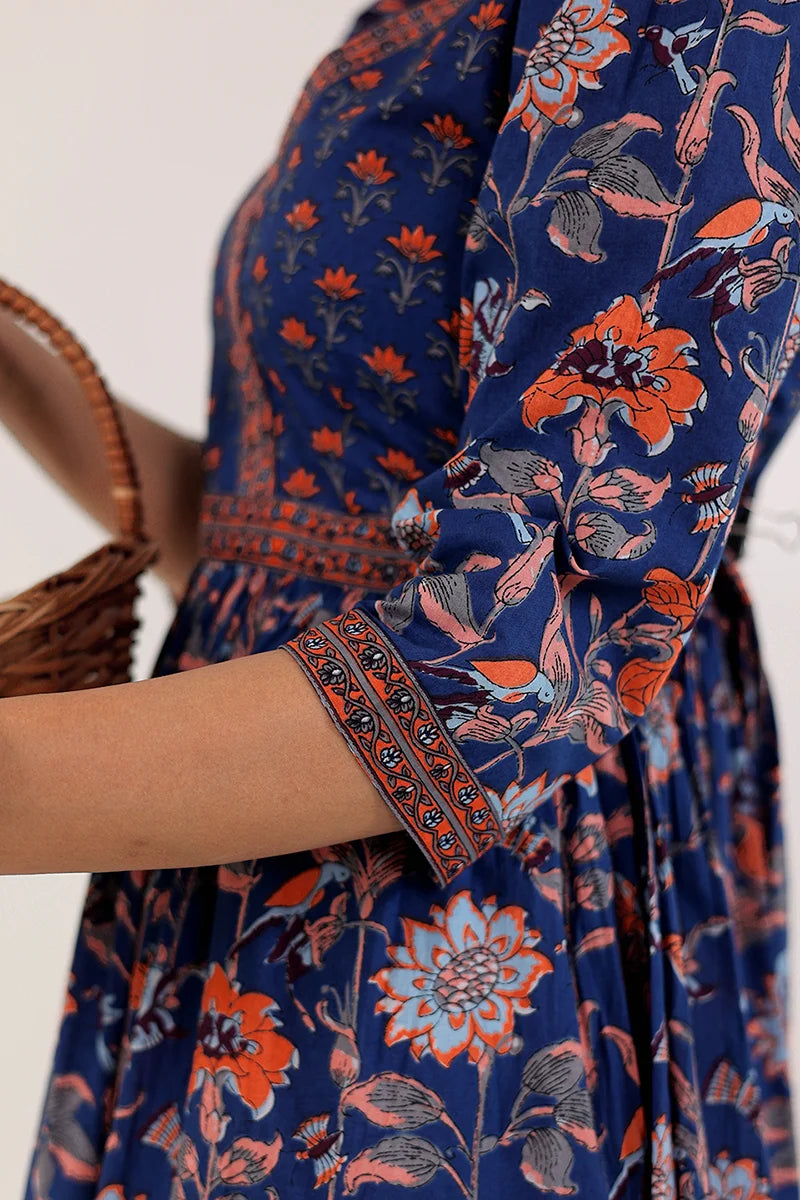 Dark Blue Hand Block Printed Long Dress