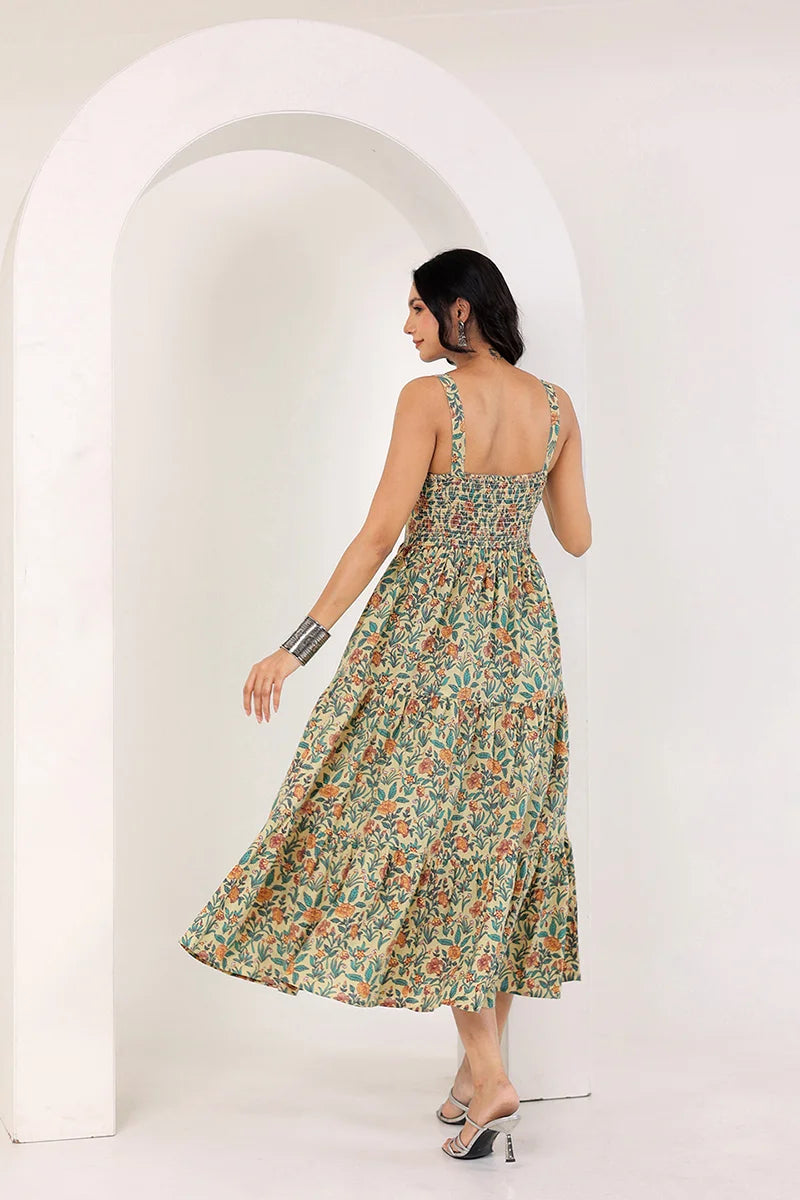 Light Yellow Shoulder Straps Floral Smocked Detail Pure Cotton Tiered Maxi Dress