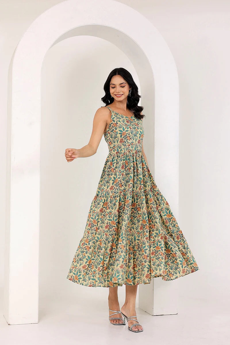 Light Yellow Shoulder Straps Floral Smocked Detail Pure Cotton Tiered Maxi Dress