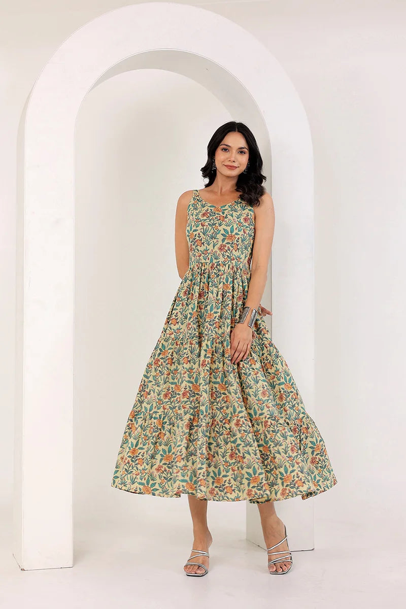 Light Yellow Shoulder Straps Floral Smocked Detail Pure Cotton Tiered Maxi Dress