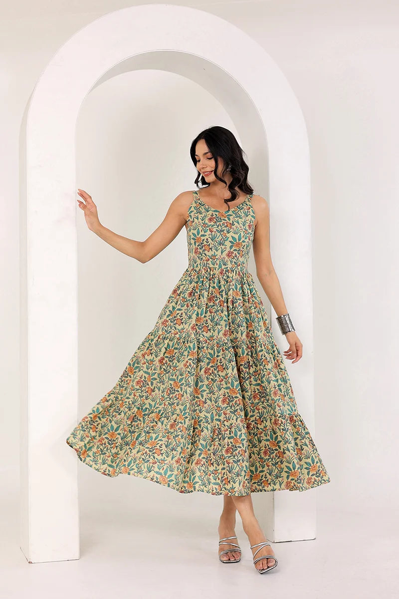 Light Yellow Shoulder Straps Floral Smocked Detail Pure Cotton Tiered Maxi Dress