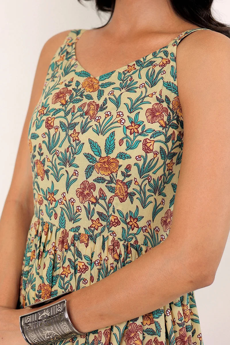 Light Yellow Shoulder Straps Floral Smocked Detail Pure Cotton Tiered Maxi Dress