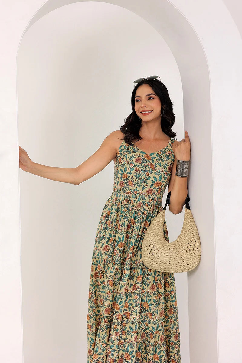 Light Yellow Shoulder Straps Floral Smocked Detail Pure Cotton Tiered Maxi Dress