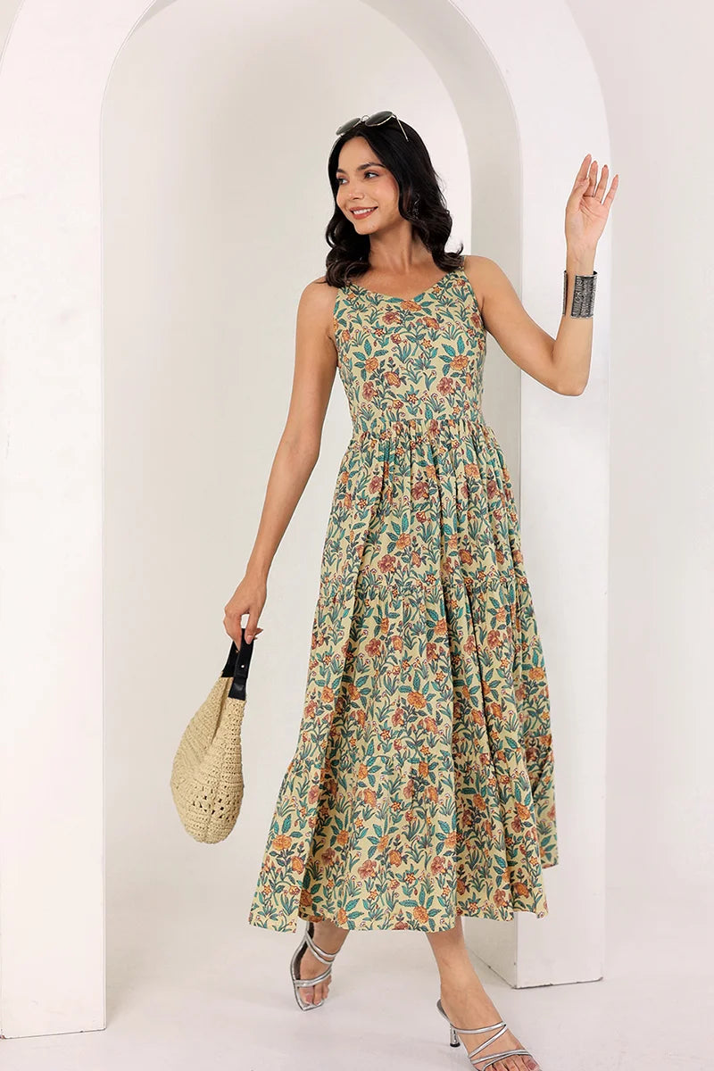Light Yellow Shoulder Straps Floral Smocked Detail Pure Cotton Tiered Maxi Dress