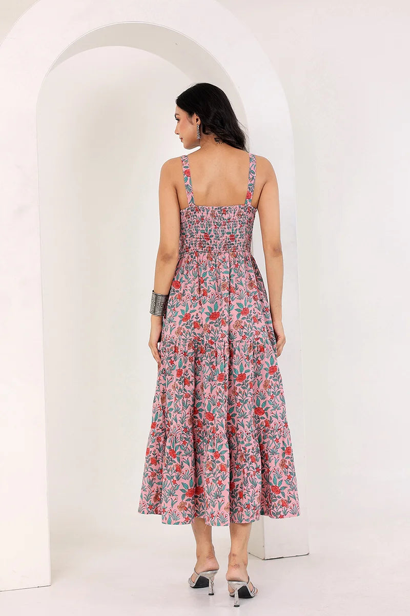 Light Pink Shoulder Straps Floral Smocked Detail Pure Cotton Tiered Maxi Dress
