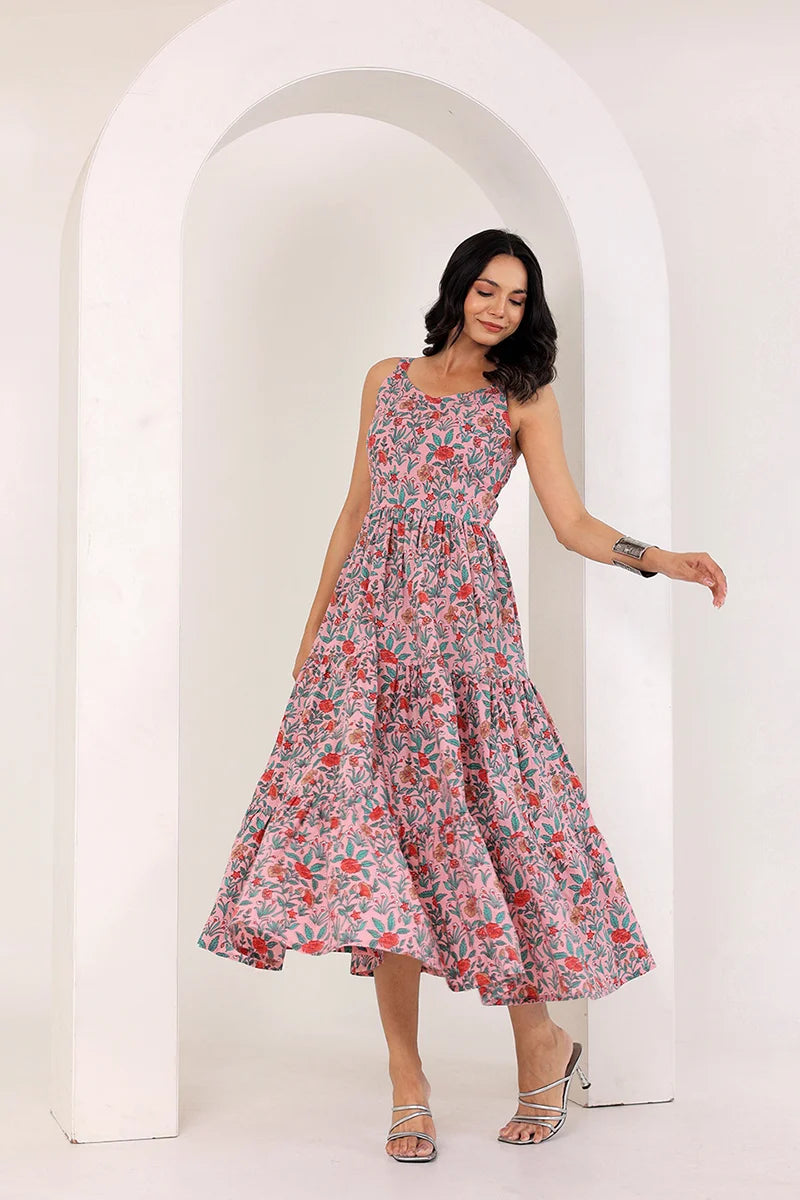 Light Pink Shoulder Straps Floral Smocked Detail Pure Cotton Tiered Maxi Dress
