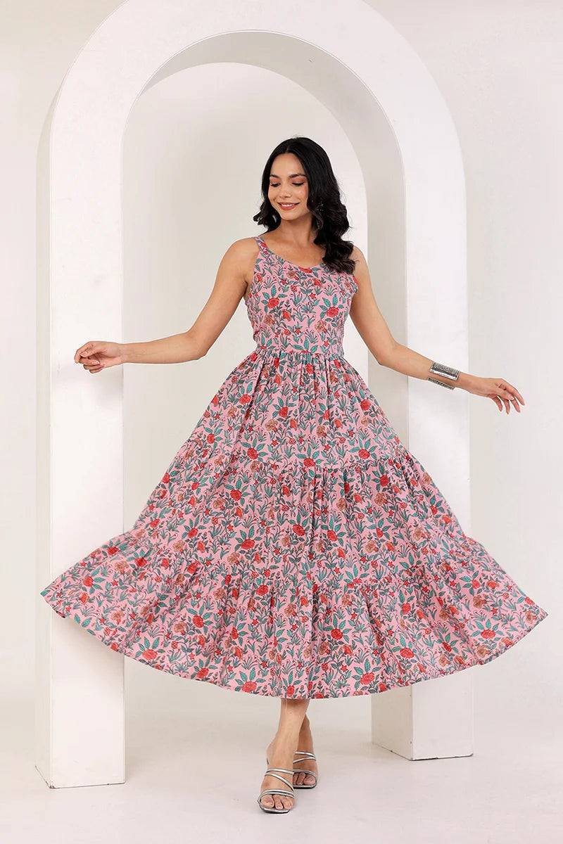 Light Pink Shoulder Straps Floral Smocked Detail Pure Cotton Tiered Maxi Dress