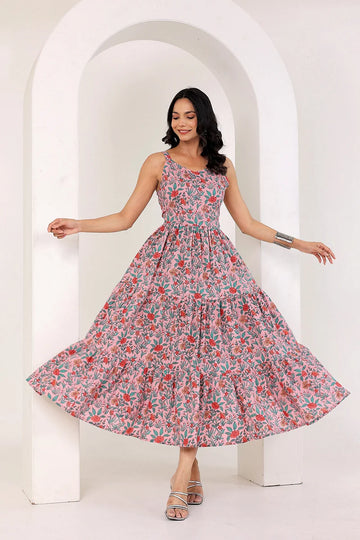 Light Pink Shoulder Straps Floral Smocked Detail Pure Cotton Tiered Maxi Dress