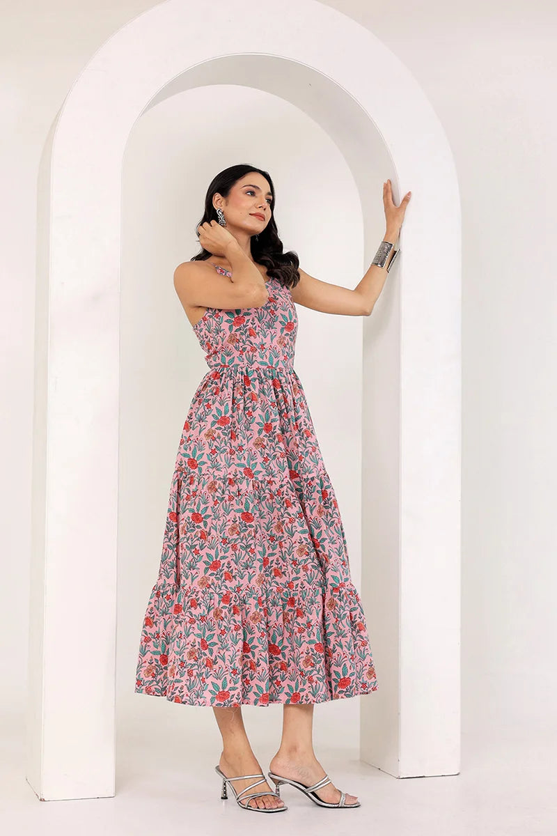 Light Pink Shoulder Straps Floral Smocked Detail Pure Cotton Tiered Maxi Dress