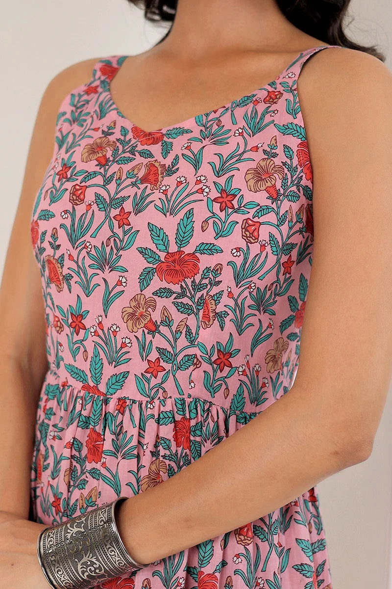 Light Pink Shoulder Straps Floral Smocked Detail Pure Cotton Tiered Maxi Dress