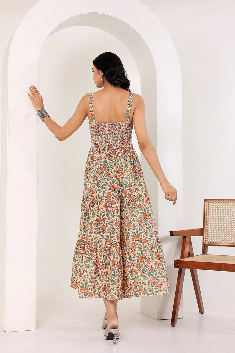 Light Orange Shoulder Straps Floral Smocked Detail Pure Cotton Tiered Maxi Dress