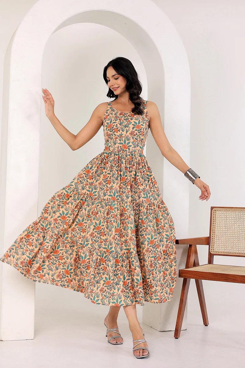 Light Orange Shoulder Straps Floral Smocked Detail Pure Cotton Tiered Maxi Dress