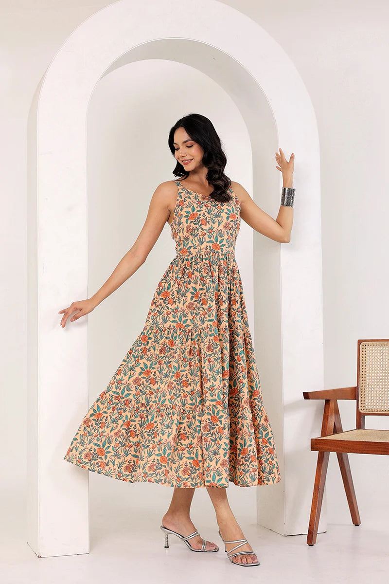 Light Orange Shoulder Straps Floral Smocked Detail Pure Cotton Tiered Maxi Dress