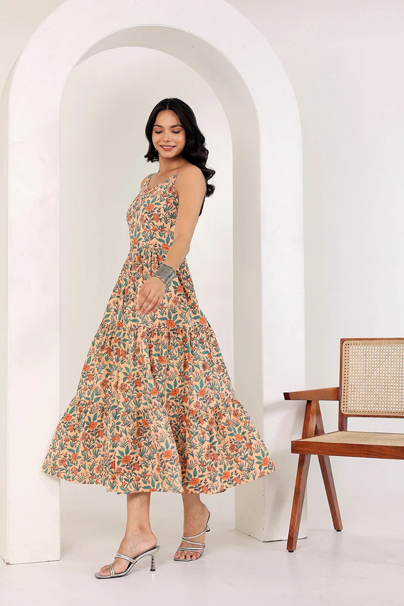 Light Orange Shoulder Straps Floral Smocked Detail Pure Cotton Tiered Maxi Dress