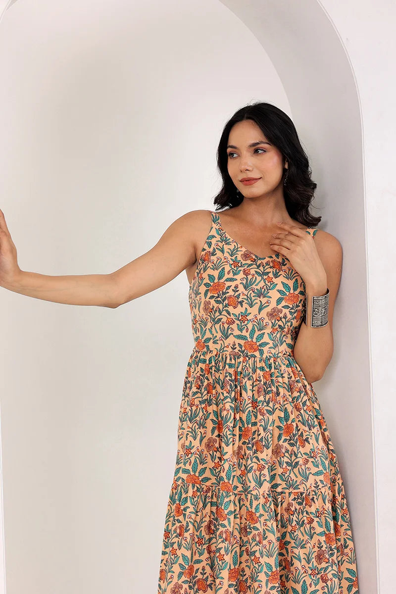 Light Orange Shoulder Straps Floral Smocked Detail Pure Cotton Tiered Maxi Dress