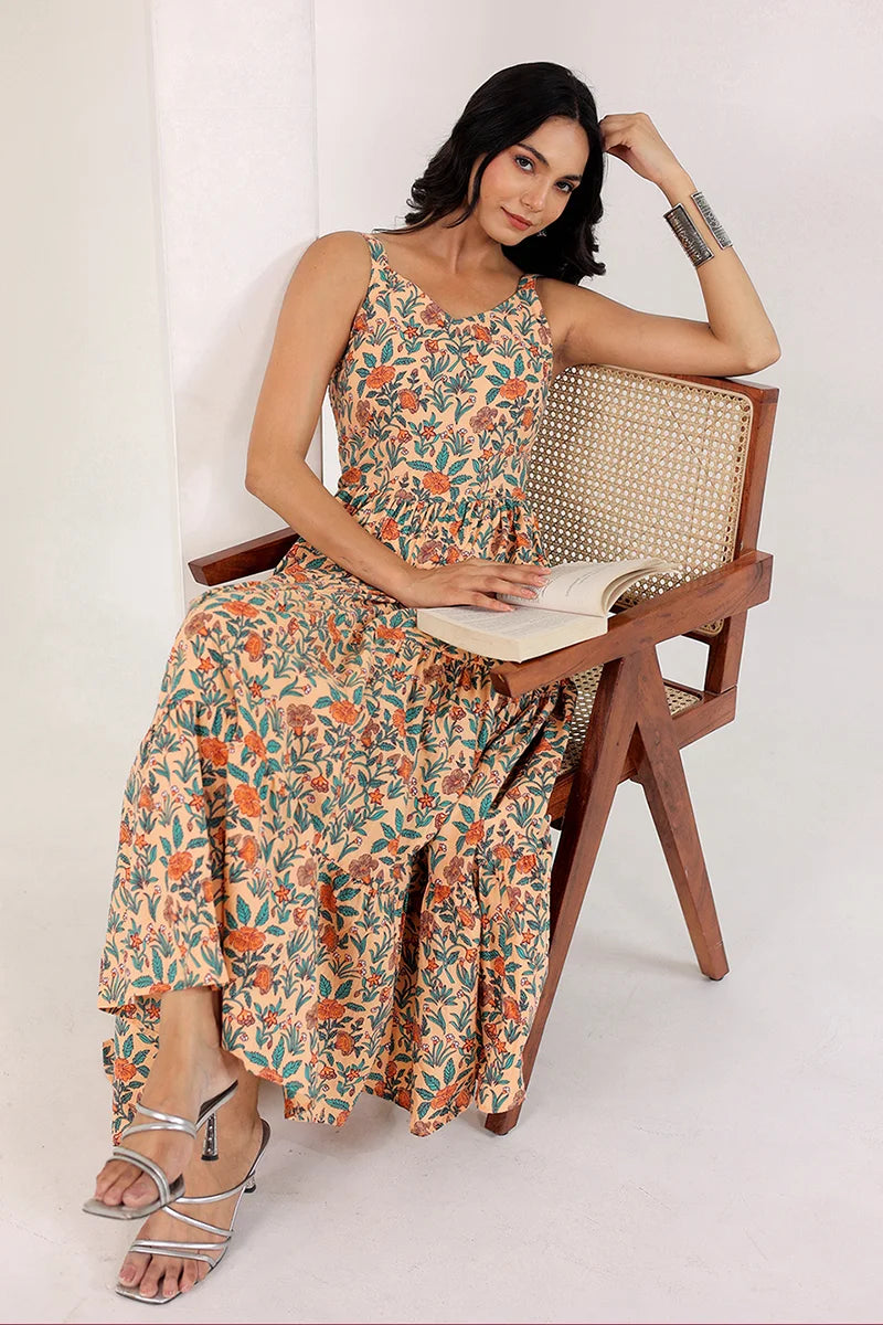 Light Orange Shoulder Straps Floral Smocked Detail Pure Cotton Tiered Maxi Dress