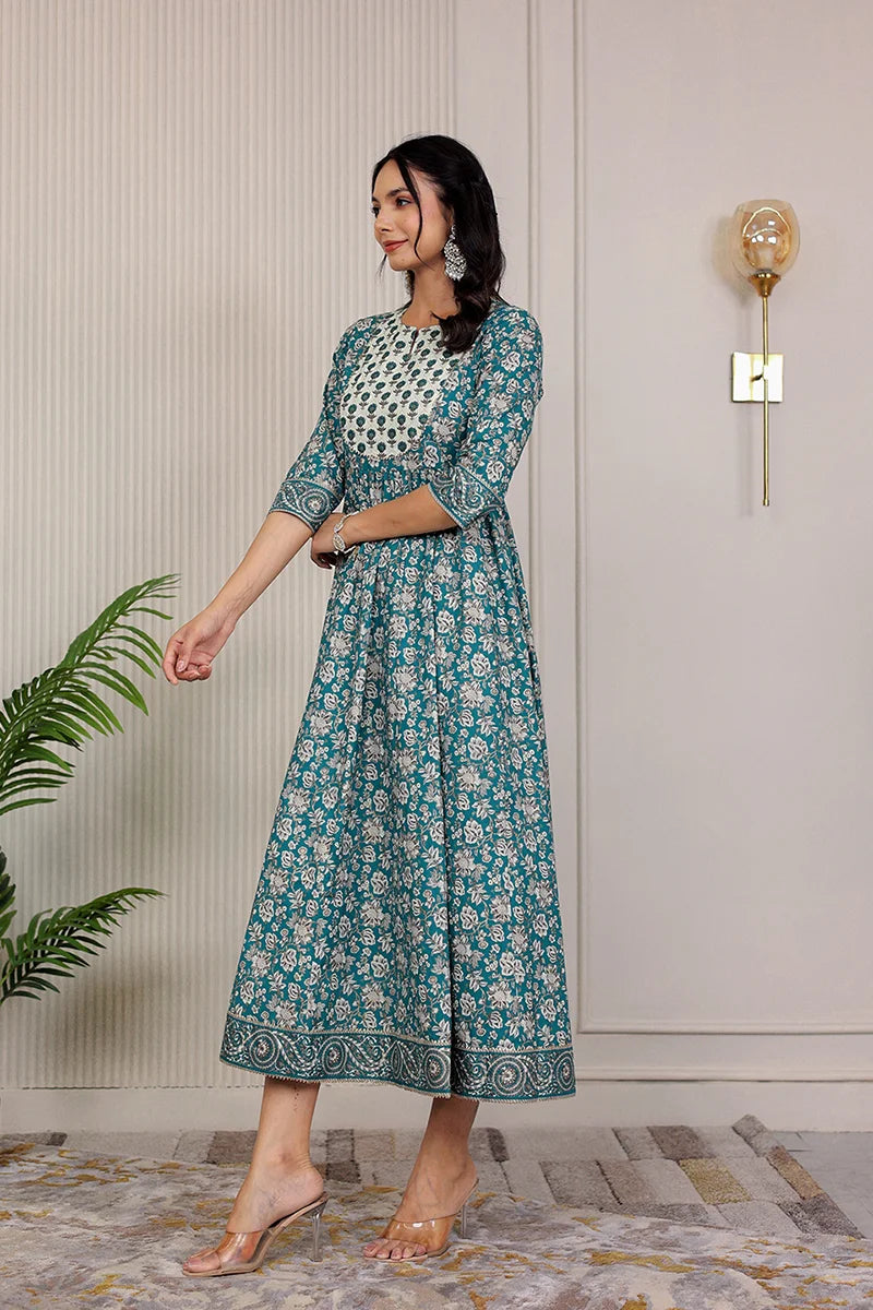 Green Gold Printed Anarkali Kurta