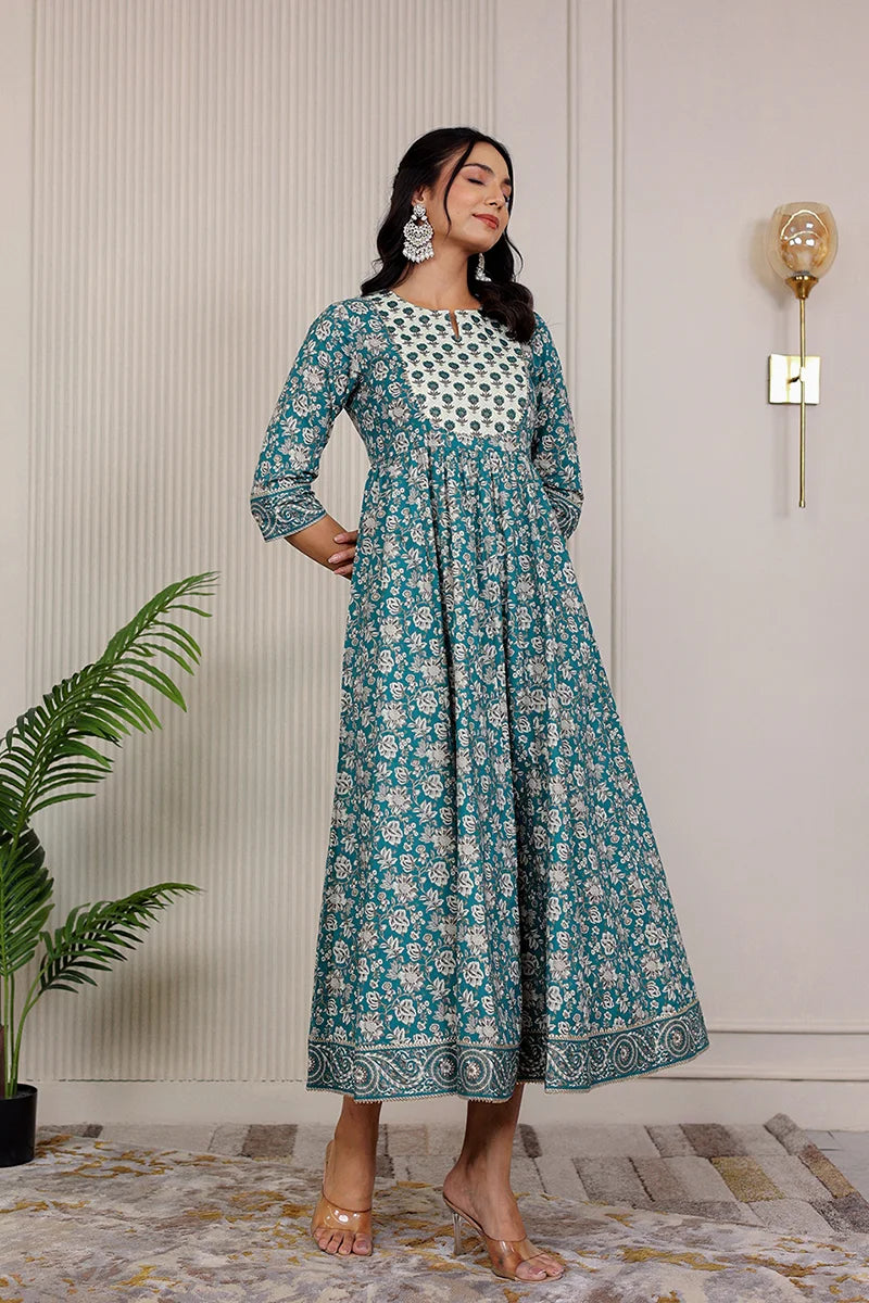 Green Gold Printed Anarkali Kurta