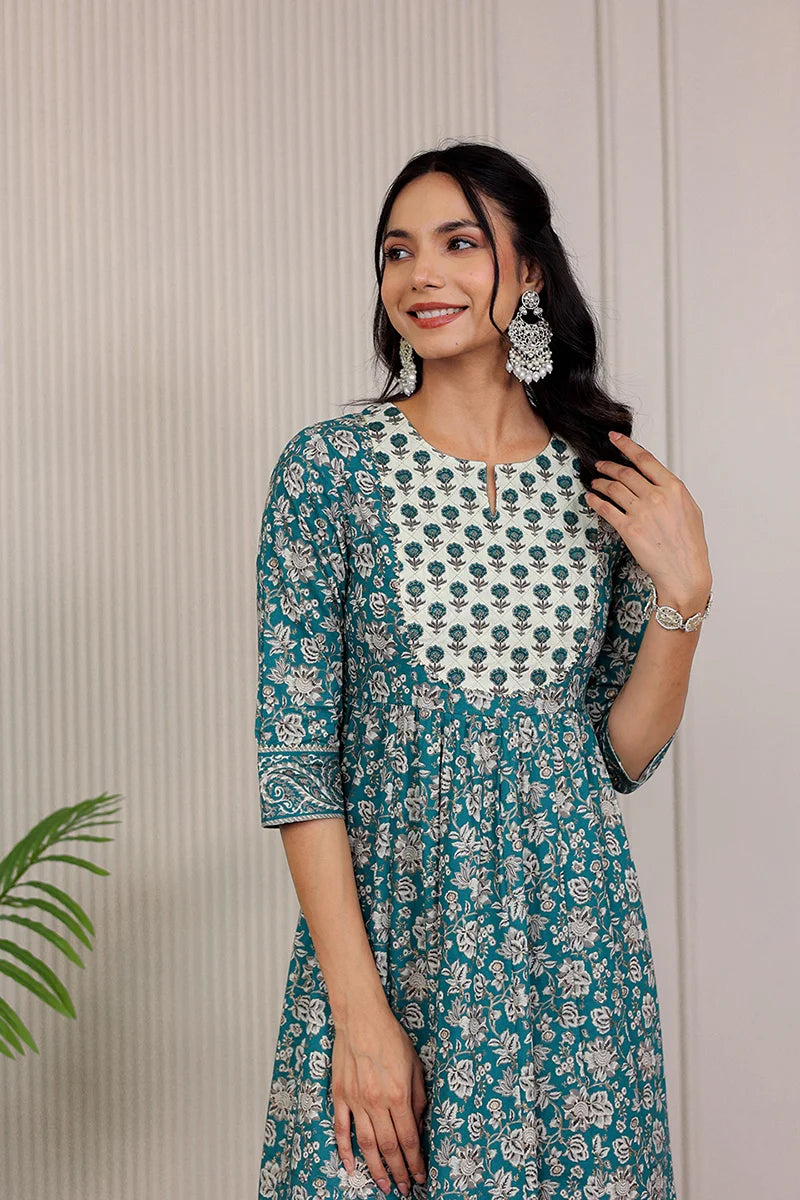 Green Gold Printed Anarkali Kurta