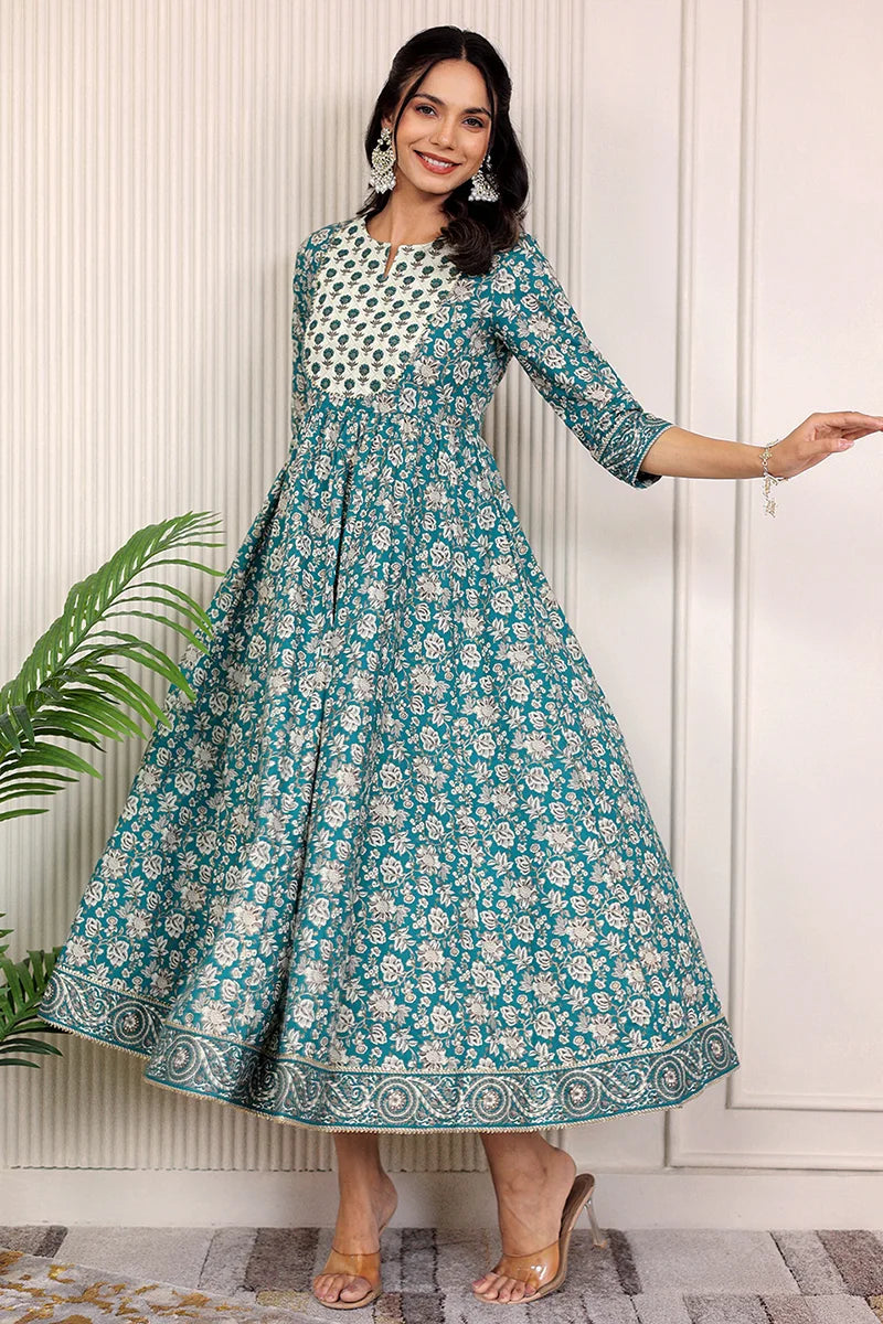 Green Gold Printed Anarkali Kurta
