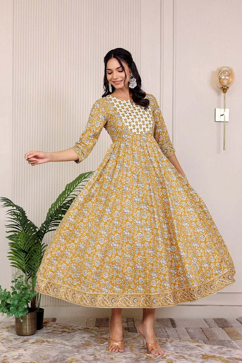 Mustard Gold Printed Anarkali Kurta