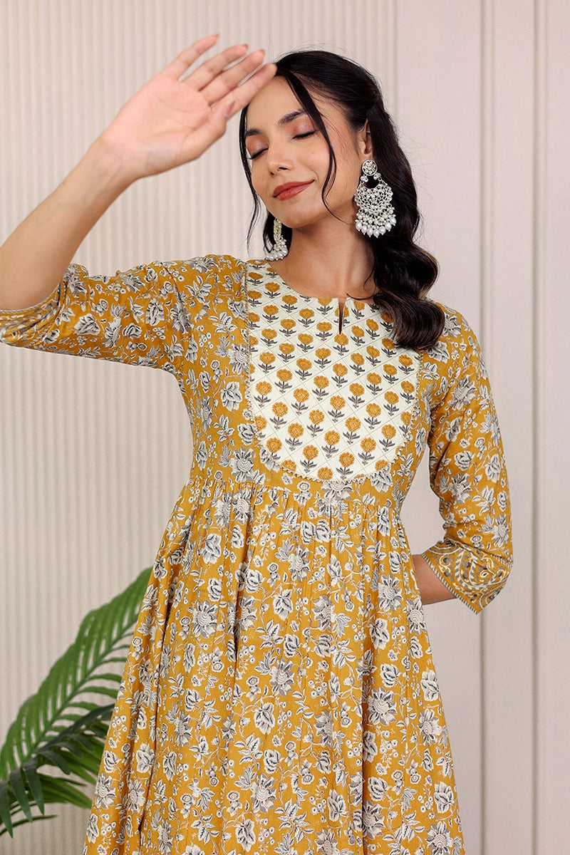 Mustard Gold Printed Anarkali Kurta