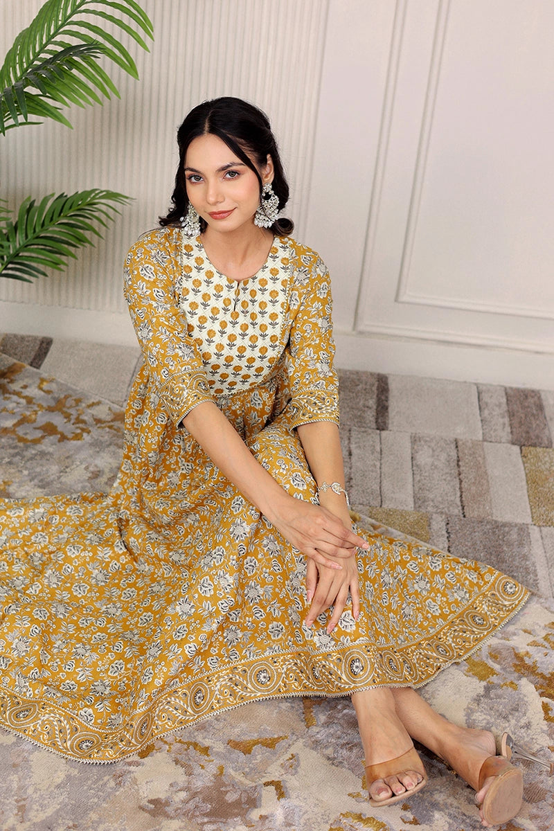 Mustard Gold Printed Anarkali Kurta