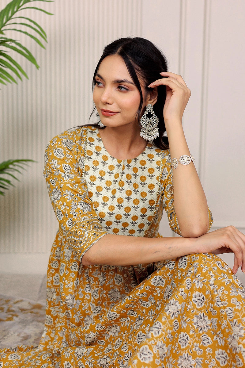 Mustard Gold Printed Anarkali Kurta