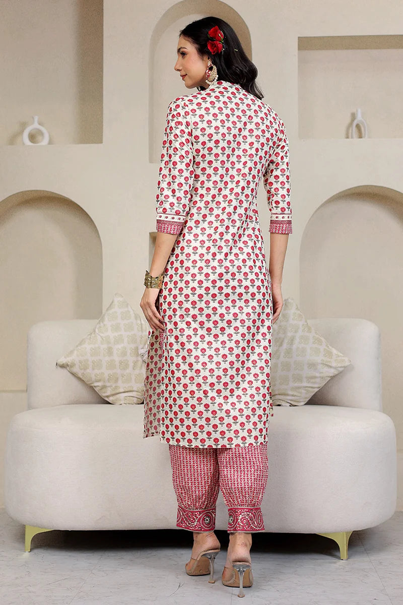 Pink Butta Gold Printed Straight Kurta with Trouser
