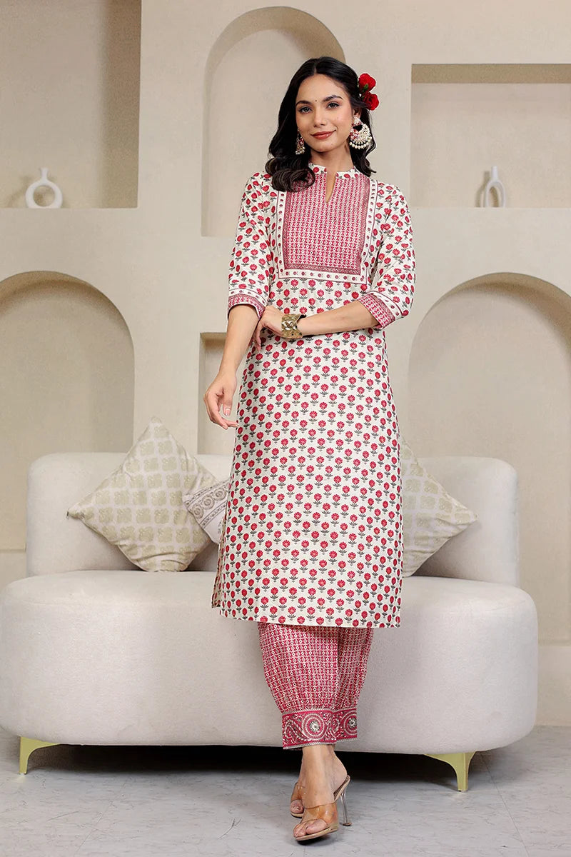 Pink Butta Gold Printed Straight Kurta with Trouser