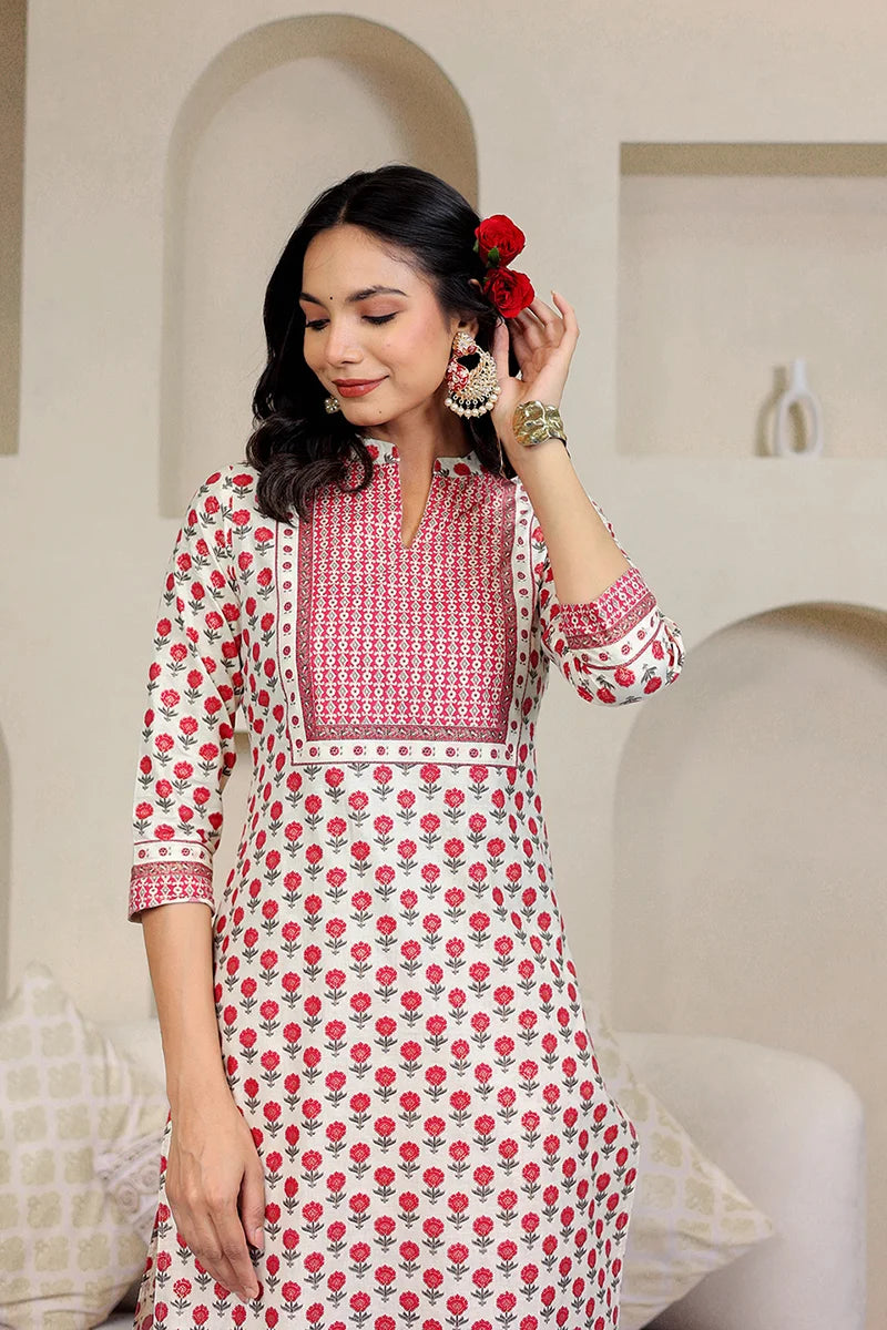 Pink Butta Gold Printed Straight Kurta with Trouser