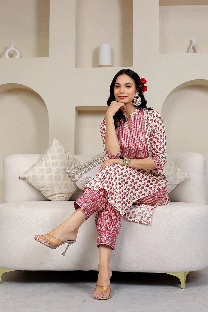 Pink Butta Gold Printed Straight Kurta with Trouser