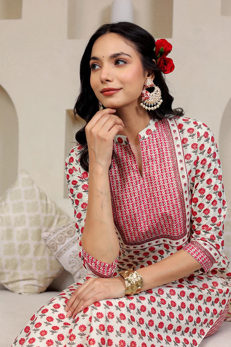 Pink Butta Gold Printed Straight Kurta with Trouser