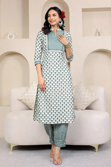 Green Butta Gold Printed Straight Kurta with Trouser