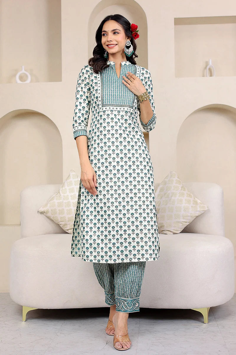 Green Butta Gold Printed Straight Kurta with Trouser