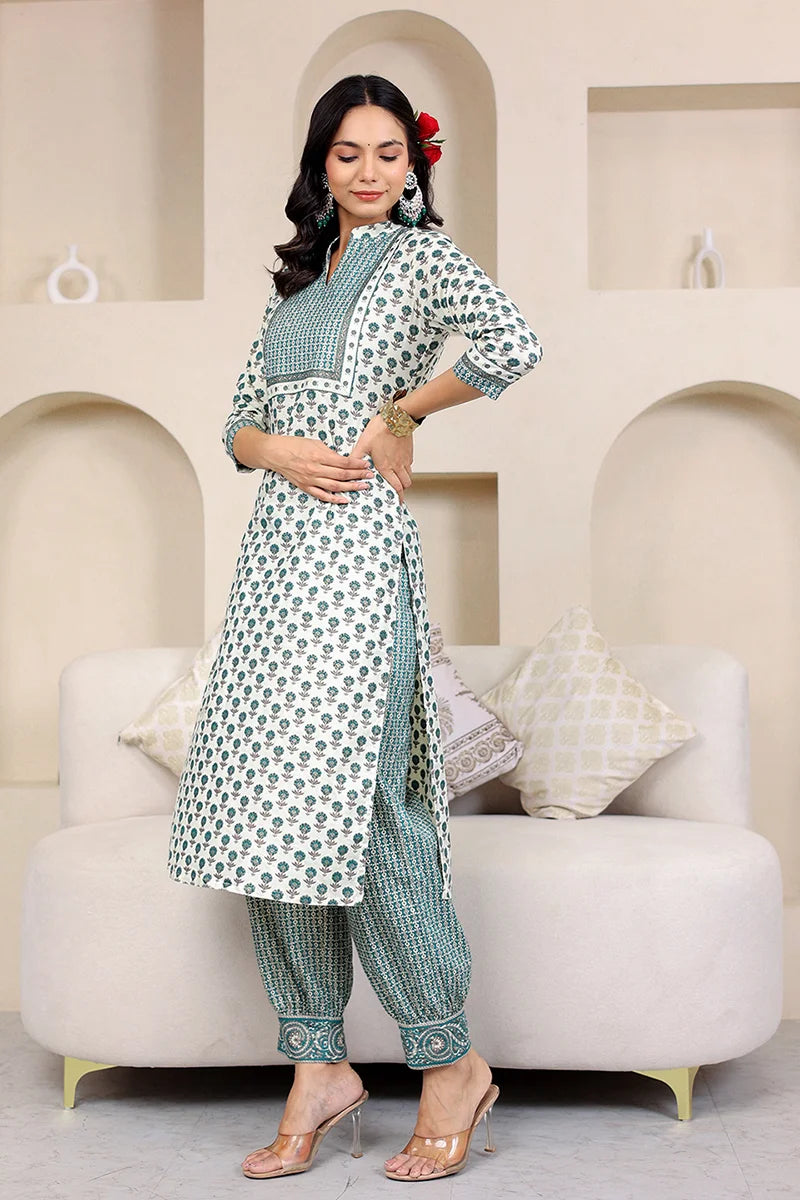 Green Butta Gold Printed Straight Kurta with Trouser