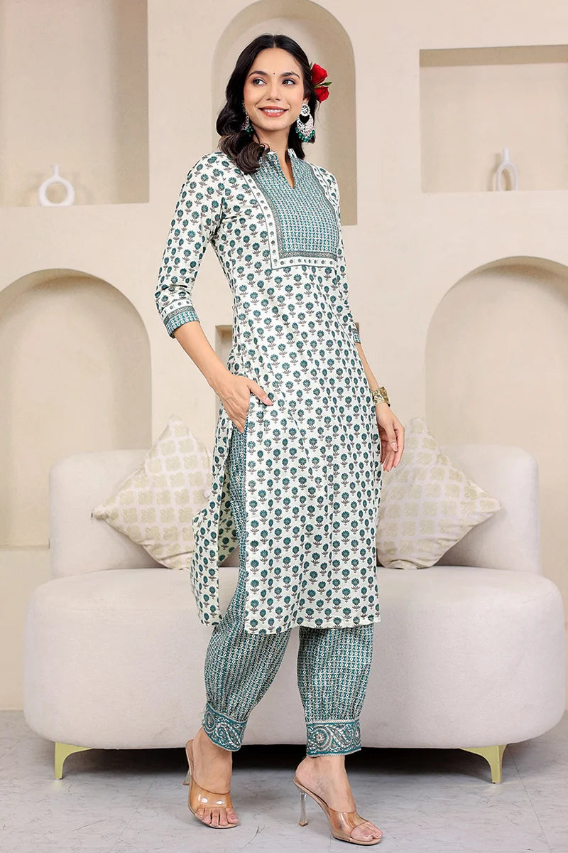Green Butta Gold Printed Straight Kurta with Trouser