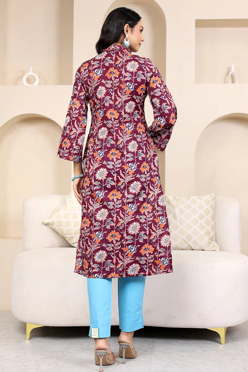 Dark Purple Straight Cotton Kurta with Printed Side Panels