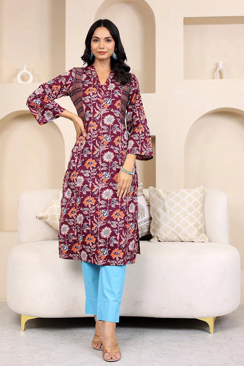 Dark Purple Straight Cotton Kurta with Printed Side Panels