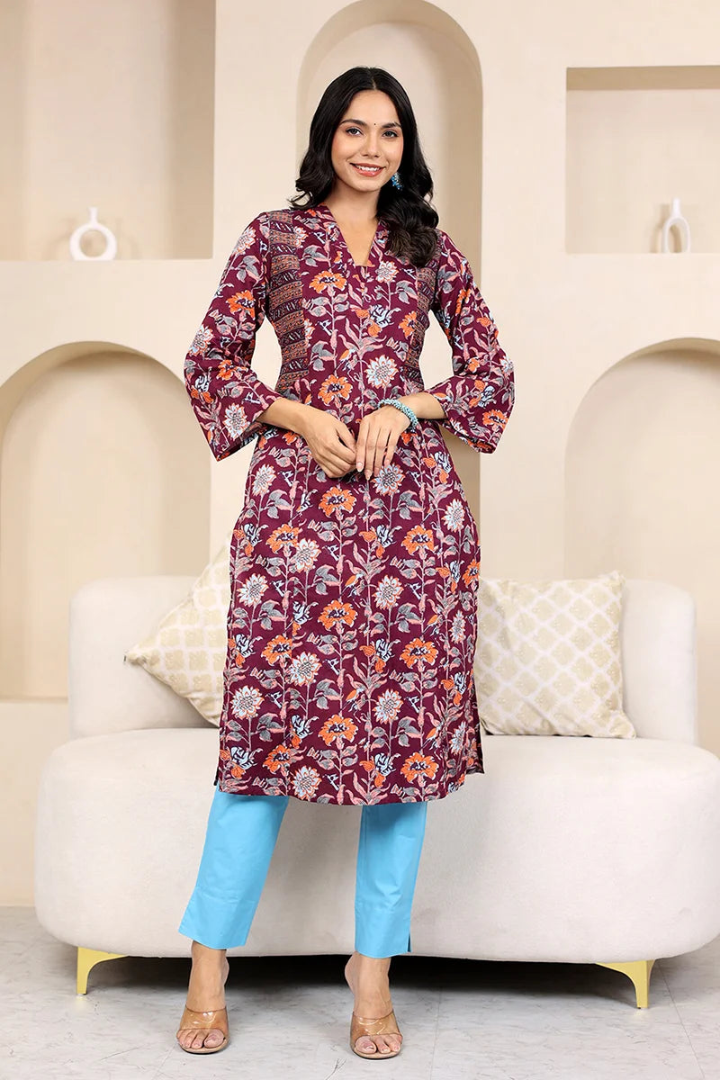 Dark Purple Straight Cotton Kurta with Printed Side Panels