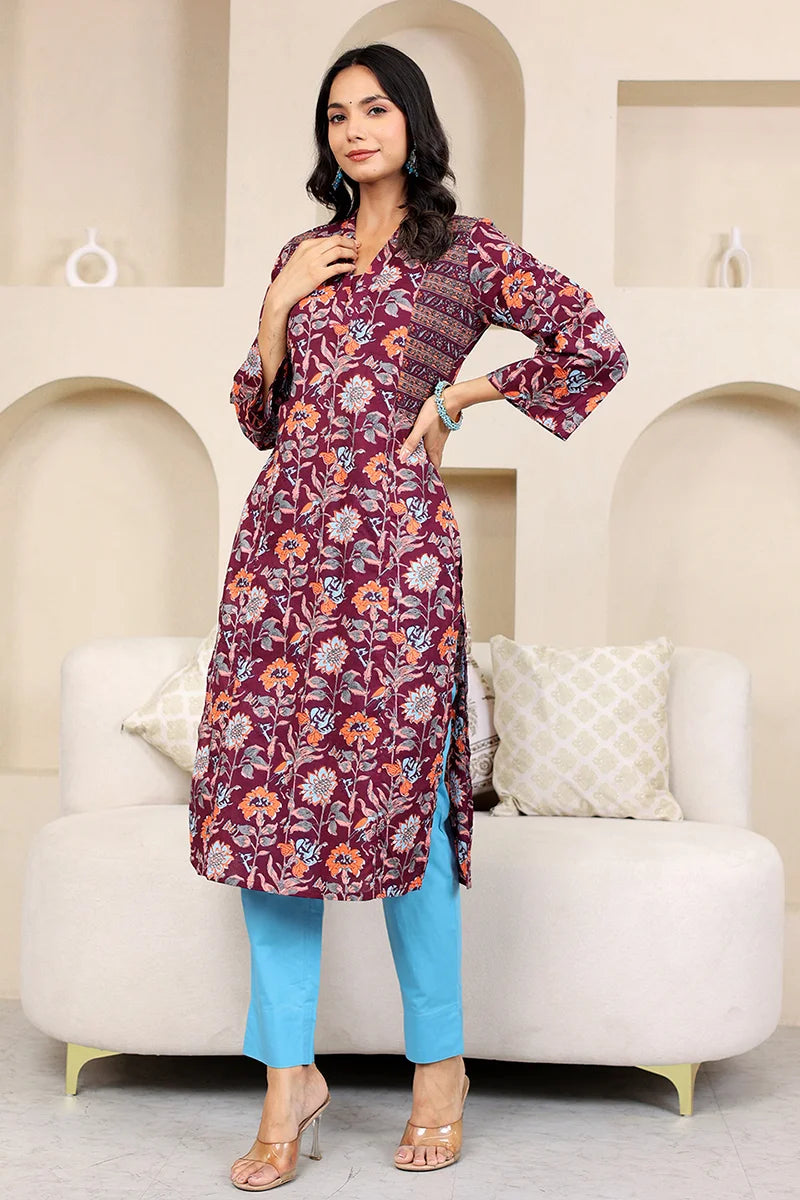 Dark Purple Straight Cotton Kurta with Printed Side Panels