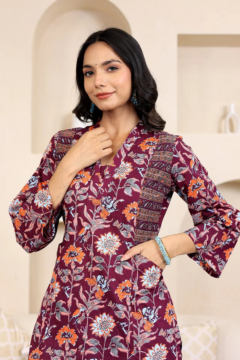 Dark Purple Straight Cotton Kurta with Printed Side Panels