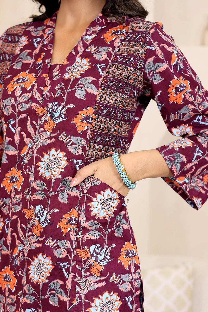 Dark Purple Straight Cotton Kurta with Printed Side Panels