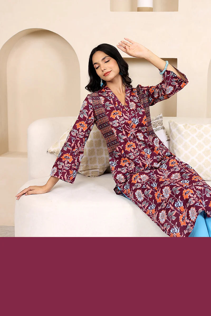 Dark Purple Straight Cotton Kurta with Printed Side Panels