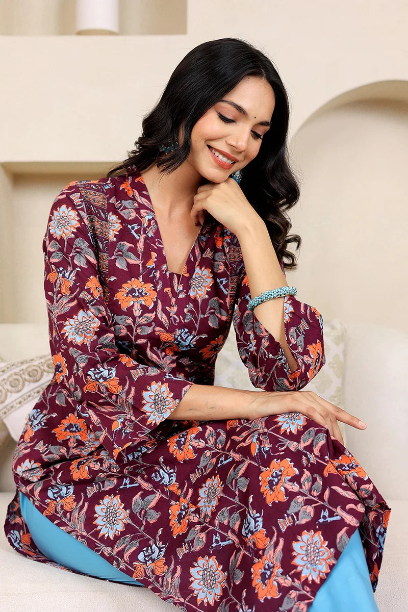 Dark Purple Straight Cotton Kurta with Printed Side Panels
