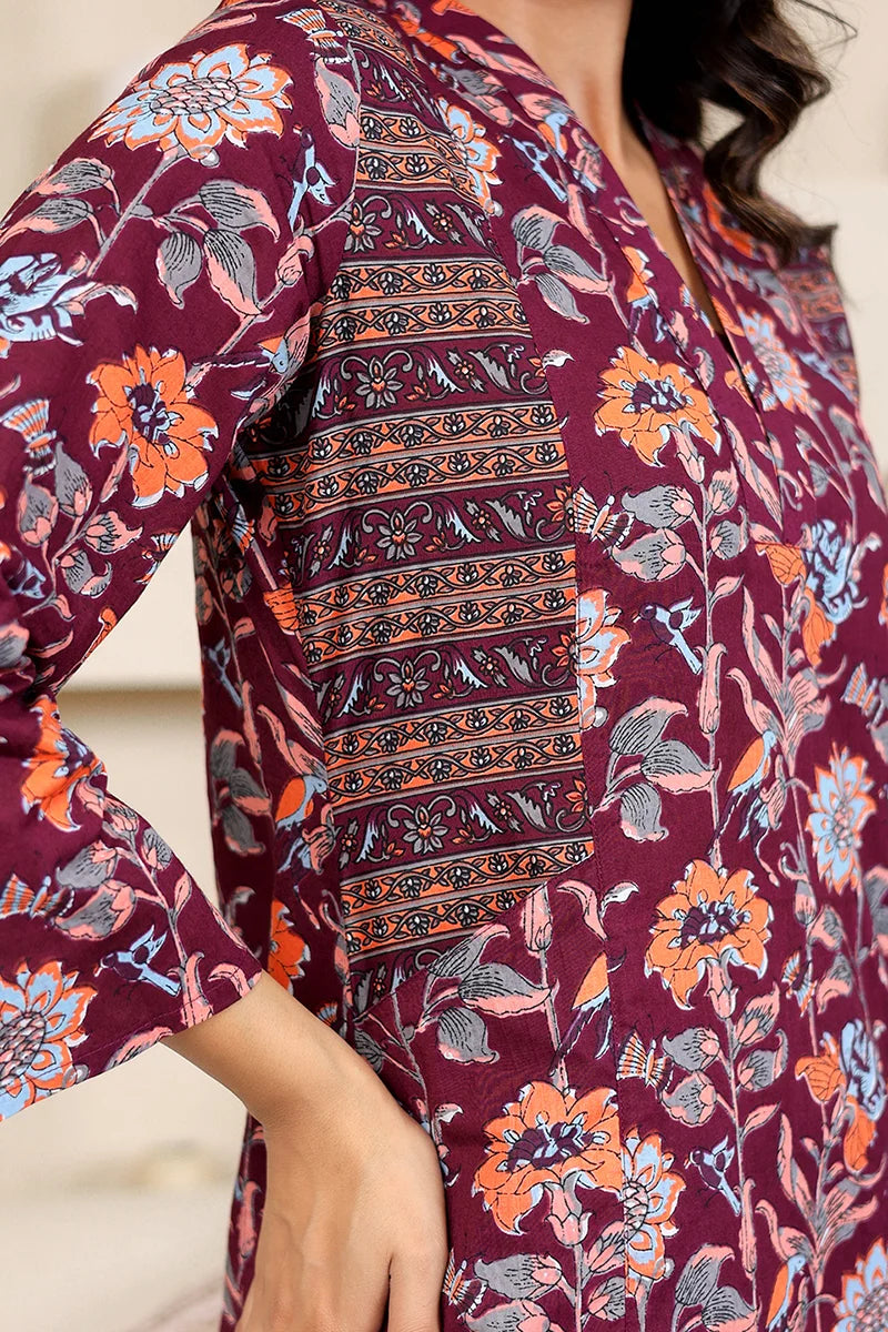 Dark Purple Straight Cotton Kurta with Printed Side Panels