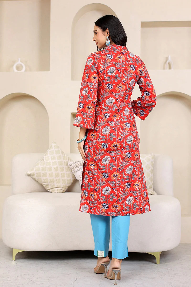 Dark Red Straight Cotton Kurta with Printed Side Panels