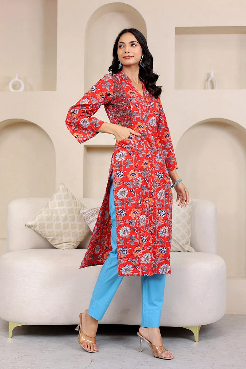 Dark Red Straight Cotton Kurta with Printed Side Panels