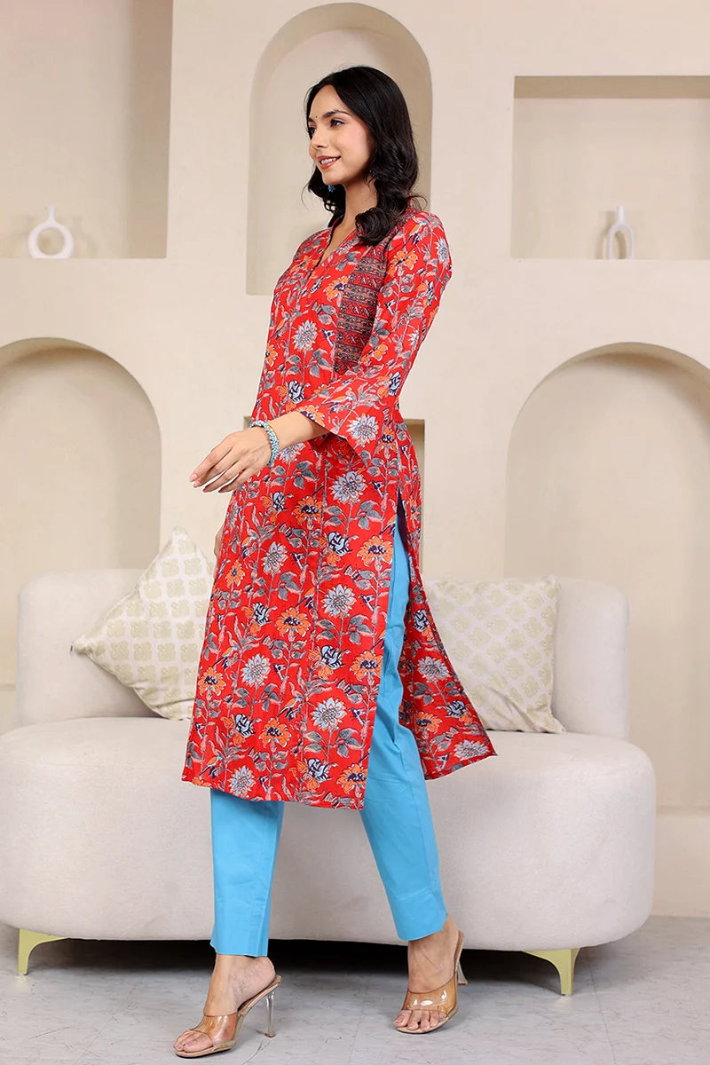 Dark Red Straight Cotton Kurta with Printed Side Panels