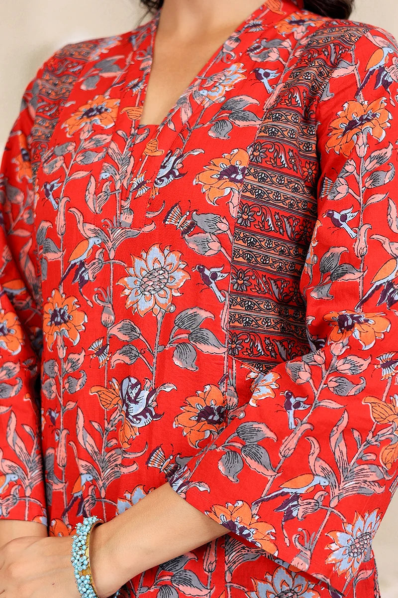 Dark Red Straight Cotton Kurta with Printed Side Panels